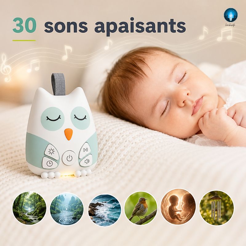 Veilleuse Hibou Bruit Blanc Bébé Rechargeable – 30 Sons Apaisants & Détecteur de Pleurs