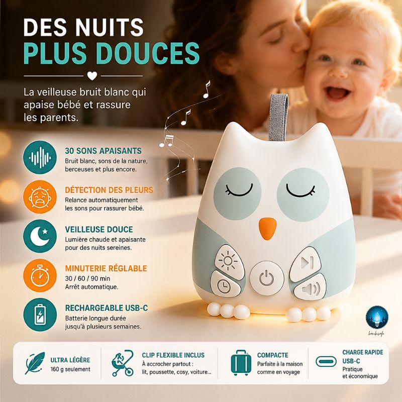 Veilleuse Hibou Bruit Blanc Bébé Rechargeable – 30 Sons Apaisants & Détecteur de Pleurs