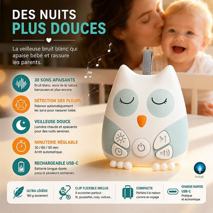 Veilleuse Hibou Bruit Blanc Bébé Rechargeable – 30 Sons Apaisants & Détecteur de Pleurs